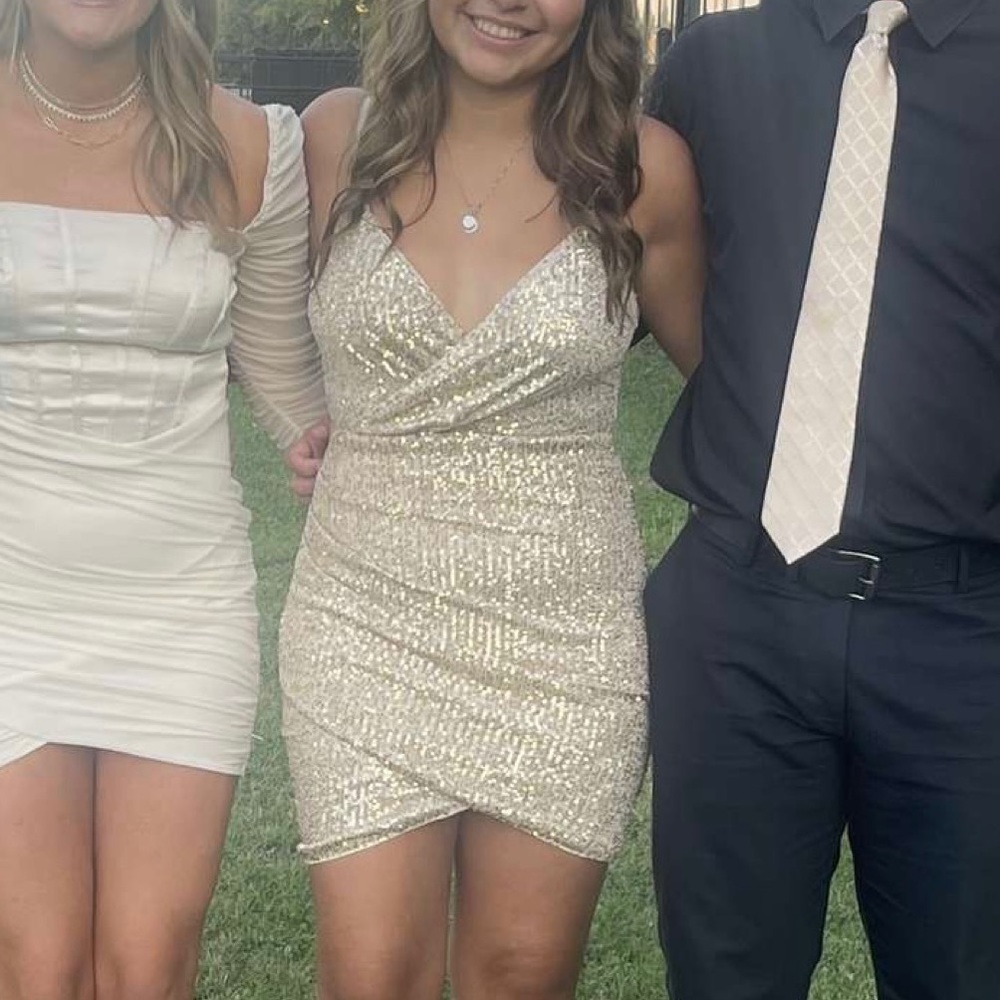 Creme gold sequin crossover homecoming dress